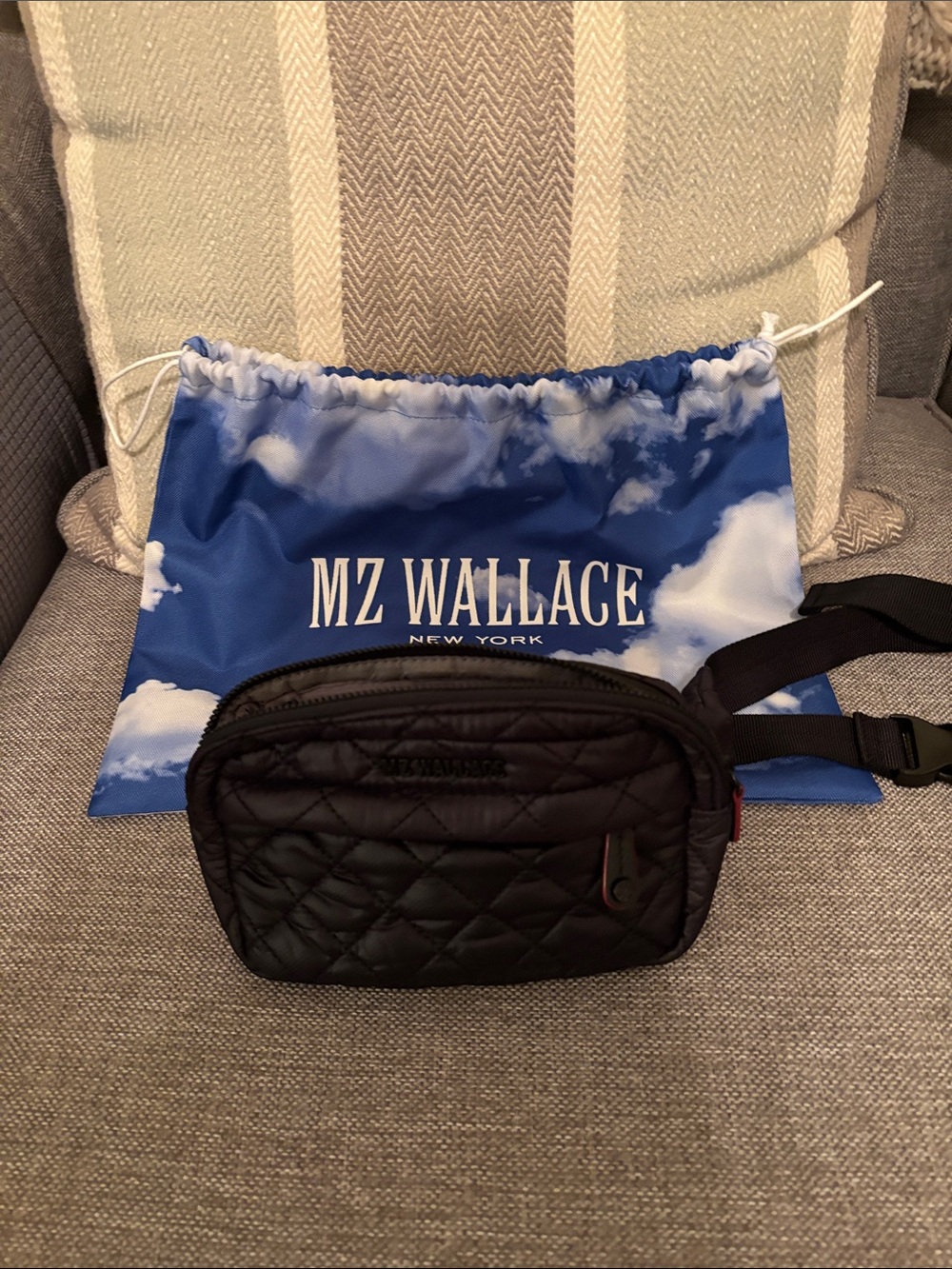 MZ Wallace Black Quilted Belt Bag with Sky-Print Dust Bag